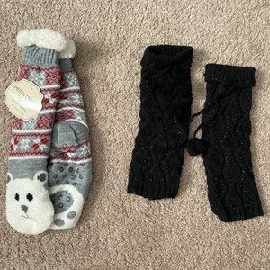 Polar Bear Slipper Socks and Sparkly Black Cable Knit Leg Warmers w/ Pom Pom